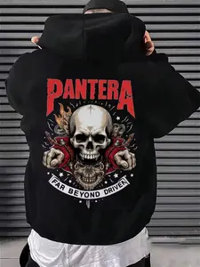 Men's Black Pullover Hoodie Pantera Far Beyond Driven Skull Graphic Heavy Metal Streetwear Sweatshirt with Iconic Red PANTERA Lettering and Legendary Album Slogan