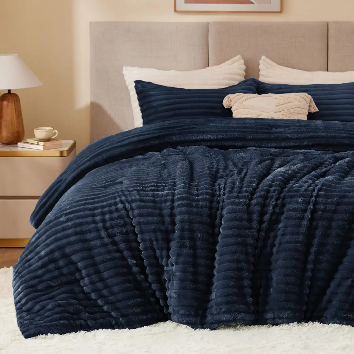 Twin Size Flannel Bedding Collection - 1-Piece Down-Alternative Filling Comforter & 1 Pillowcase, Ultra Soft Polyester, Durable, Warm Fluffy Navy Blue Heavy, Machine Washable for Winter, Spring Use, Modern, Stripe Texture