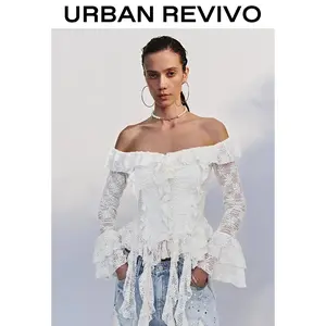 URBAN REVIVO Women's Elegant Flared Ruffled Sash Boat-Neck Long-Sleeve Blouse - 1 Piece Women's Clothes, 2025 Casual Everyday Outfit for Girls, Versatile OOTD Shirt with Elegance Vibe UYL250091