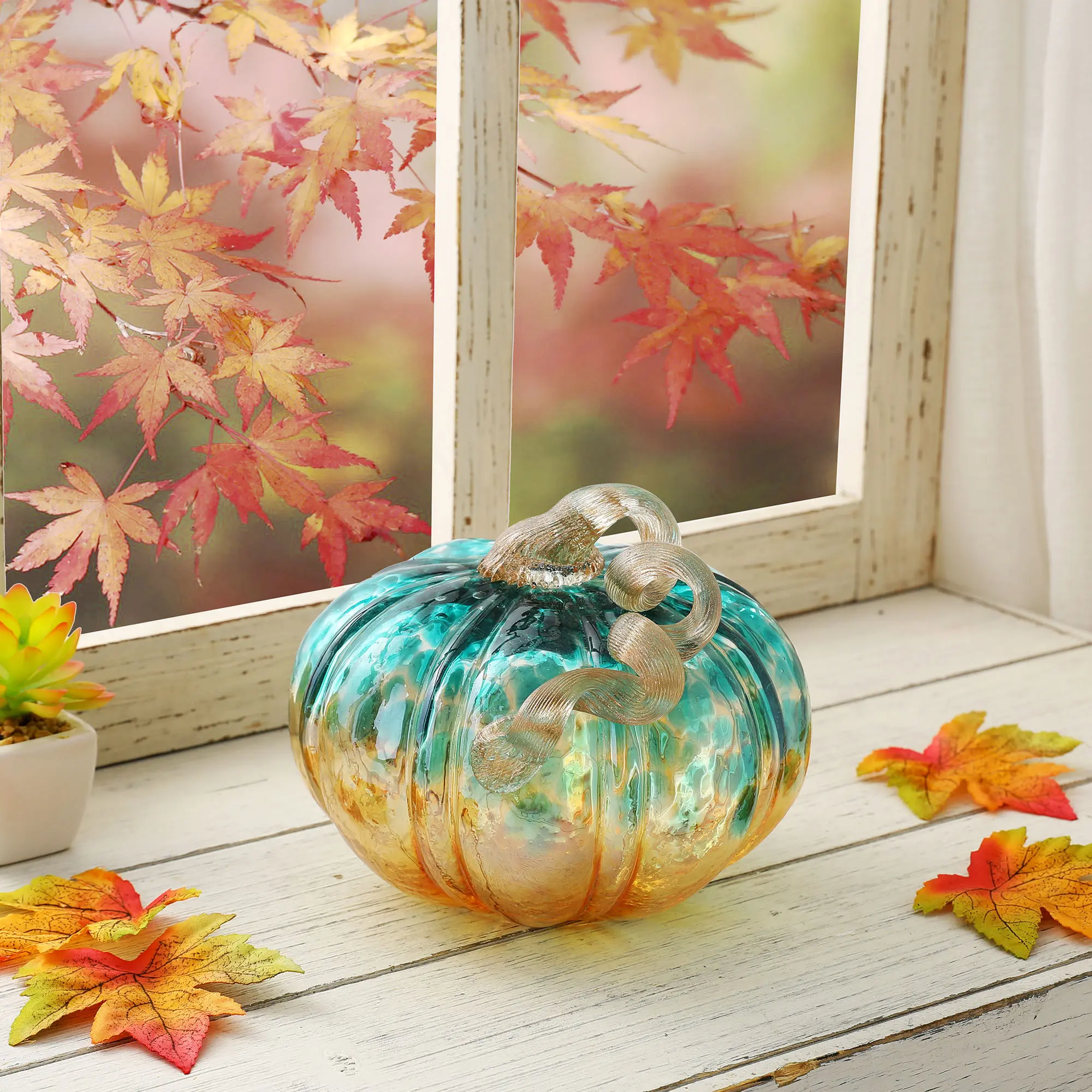 Glitzhome 5.25" D Decorative Handmade Glass Pumpkin Ornaments, Blue/Gold Glitter Pumpkin-Shaped Stained Glass Artificial Vegetables with Drop-Proof Box, Fruit