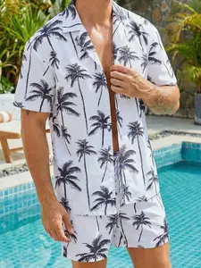 Men's Vacation Swimwear Set, Manfinity Two-Piece Swimsuit, Short Sleeve Top & Shorts, Shirt, Digital Print Design, Fitted, Tropical, Casual Wear, Casual Matching Set, Outfit, Menswear