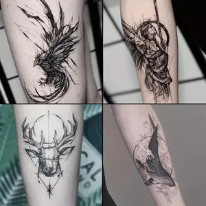 6 Large Herbal Tattoo Stickers, Containing Undead Birds, Angels, Elk, Whales and 2 One Random Pattern Elements, Lasting for 7-15 Days, Waterproof, Friction-Resistant, Realistic, Suitable for People Who Do Not Want to Tattoo