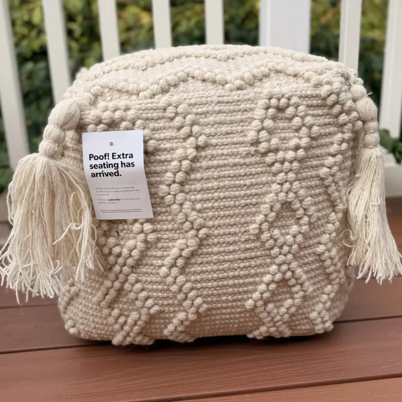 Textured Hand-Knotted Cream Cube Pouf - Versatile, Handcrafted Accent for Adding Comfort, Bohemian Texture to Any Space