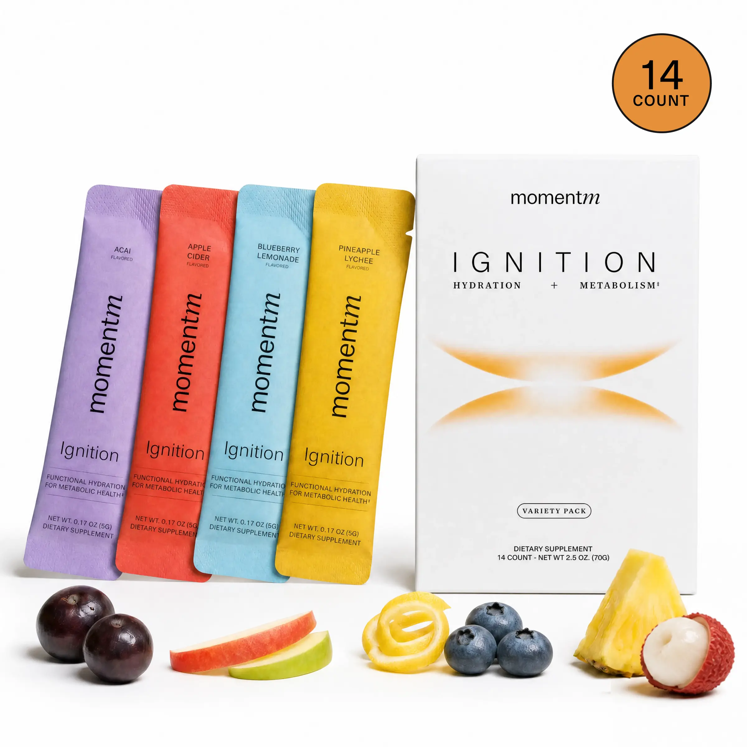 momentM Ignition Hydration Drink Mix (14 ct Variety Pack) - Supports Steady Energy & Focus - with Magnesium, Electrolytes, Adaptogens, InnoSlim & Holy Basil - Sugar Free