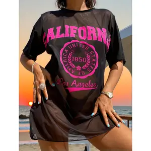 2026 Women's Beach Bikini Sunscreen Shirt, Summer Women's Beachwear, Fashionable Patterned Print, Casual Beach Apparel, Short Sleeve, Round Neck, Semi-Transparent Mesh Long Bodycon Cover-Up, Beach Vacation, Pool Party Sunscreen Clothing.