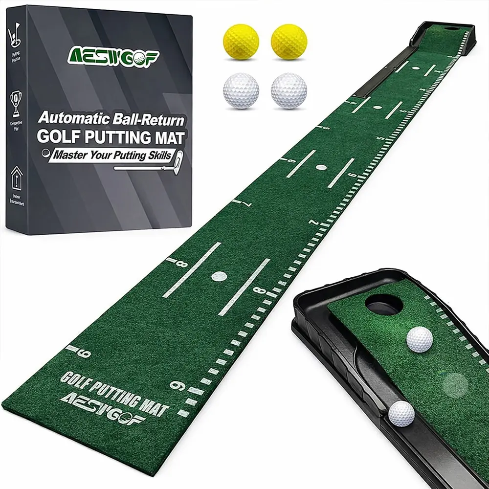 9ft Fixed-Size Golf Putting Mat with Auto Ball Return, Alignment Lines, Putter & PU Balls - Portable Foldable Training Aids (Easy Installation, Portable Design) for Beginners, Golf Gift Accessory (Home Office Use)