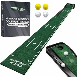 Golf Putting Mat Set with Putting Green & 4 Golf Balls – 9.8 ft Training Aid Mat with Ball Return for Indoor & Backyard Practice – Great Gift for Golfers and Beginners