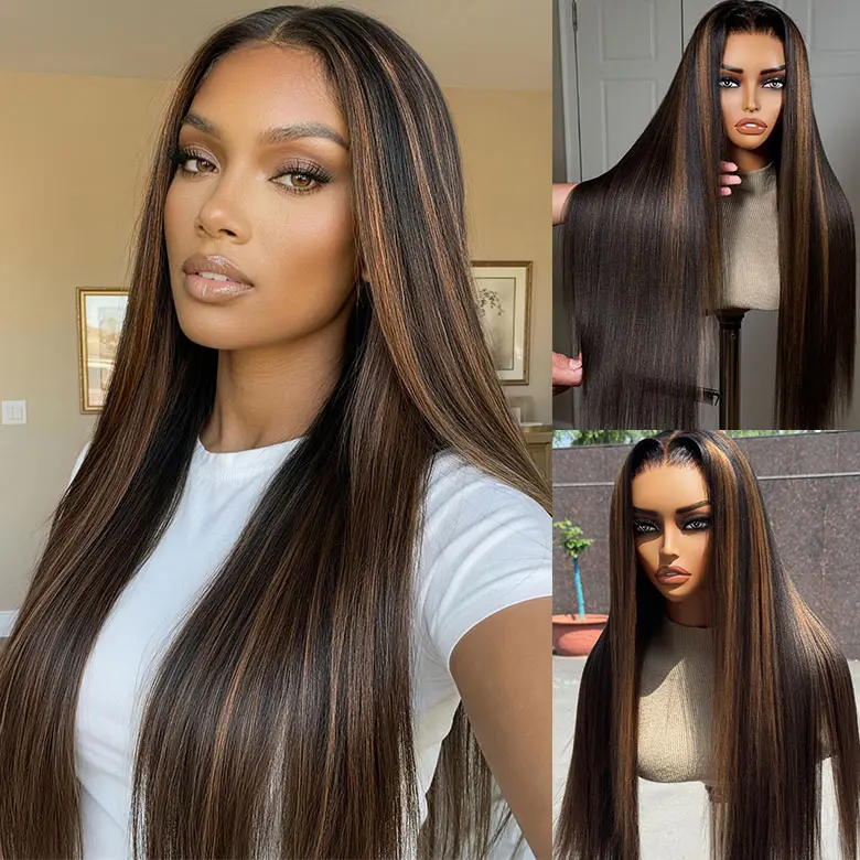 【New In】UNice Black with Caramel Highlights Yaki Straight Glueless 7x5 Closure Human Hair Wigs with Drawstring Natural Hairline No Slip Beginners Friendly