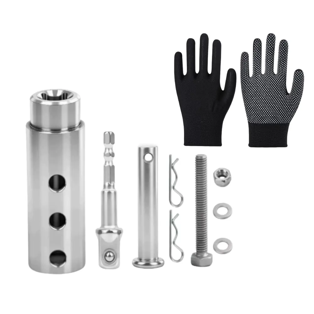 1Set Trailer Jack Drill Adapter Tool Kit, Upgraded Stainless Steel, Dual Securing Options, Socket, Gaskets, Nyloc Nut, Compatible with 1 in Jack Drive Shaft, Includes 1 Pair Glove, for RV, Dump Trailers, Dual Secure