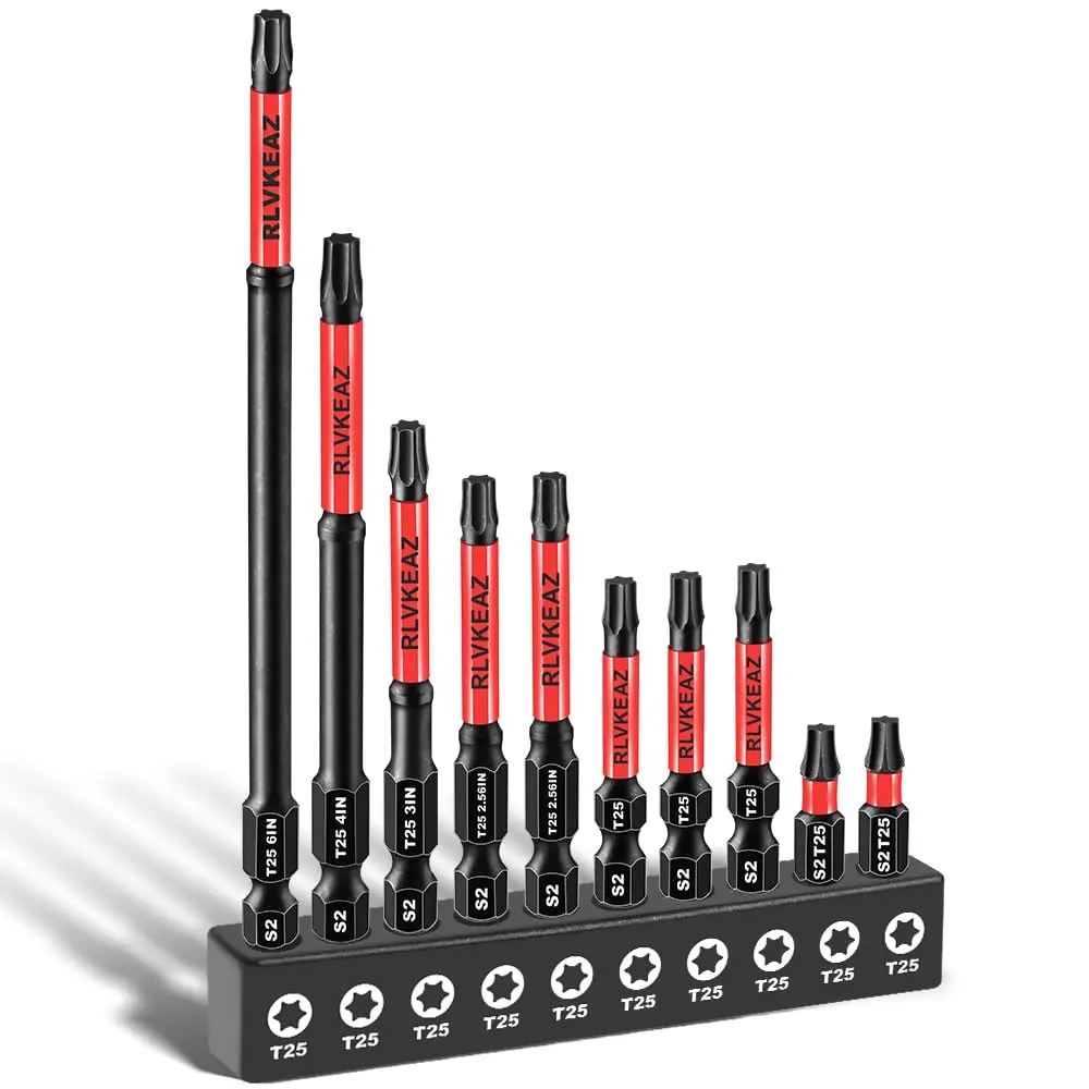 10-PCS T-25 Torx Bit Set for Impact Driver - 1"-6" Long Solid Steel Auto Repair Tools, Premium S2 Steel, Magnetic High-Torque, 1/4" Hex-Shank for Deck Building & DIY Projects