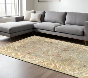 HomeRoots 575825 6x9 ft. Wool Oriental Hand-Knotted Rectangle Area Rug - Gray & Beige, Classic Ethnic Beige Wool Area Rugs, Beige Area Rugs
