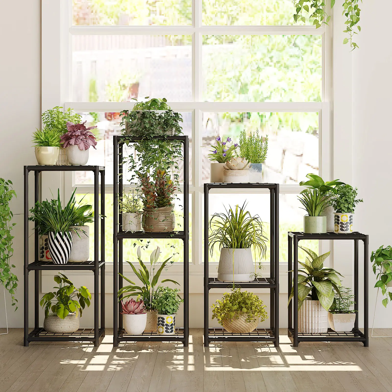 Bamworld 4-Pieces Metal Build Plant Stands, Indoor & Outdoor Shelves for Multiple Flowers, Window Plant Holder, Four-Pieces Potted Plant Stand Flower Planter Base Plant Tower
