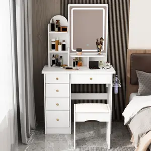 FUFU&GAGA Furniture Makeup Vanity Set Dresser Desk with 5 Drawer and Light Shelf Round Mirror with Touch Screen and Vanity Set with Cushioned Stool for Bedroom Cosmetic Organizer Table