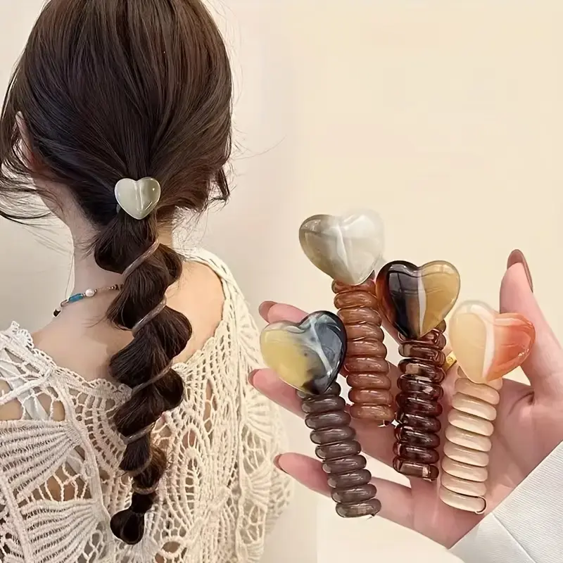 4-Piece Elegant and Cute Heart-Shaped Spiral Hair Ties - Resin, Colorful Ponytail Hair Ties, Suitable for Girls