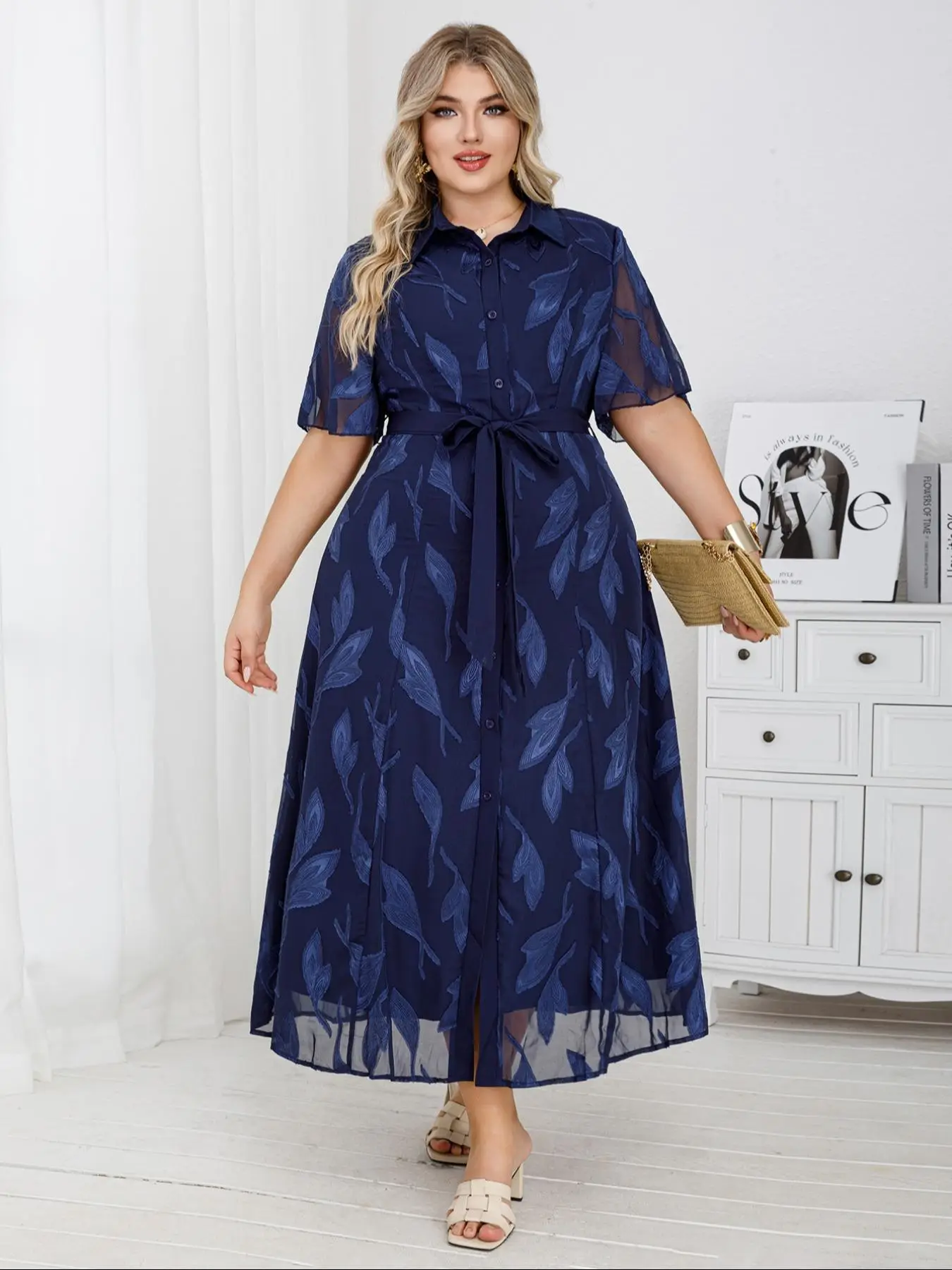 【Plus Size】 Leaf Print Tie Waist Dress, Elegant Collared Dress for Women, Women's Clothing for All Seasons