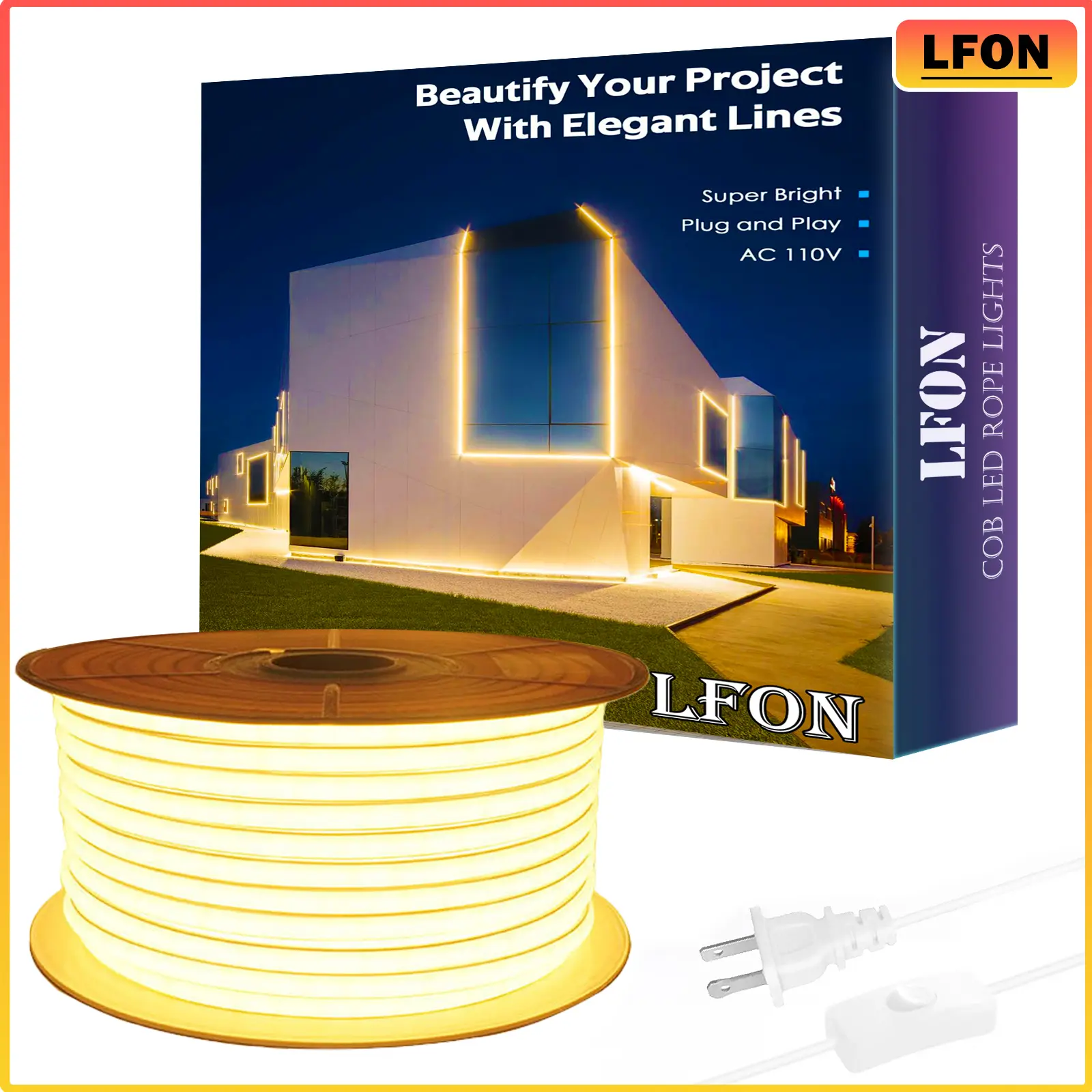 110-120V High Lumen COB LED Strip Lights, 66ft 288 LEDs/m, Plug-and-Play Seamless No-Dot Effect, 3000K Warm White IP65 Waterproof, for Home Kitchen Decor Holidays Landscape Outdoor Lighting