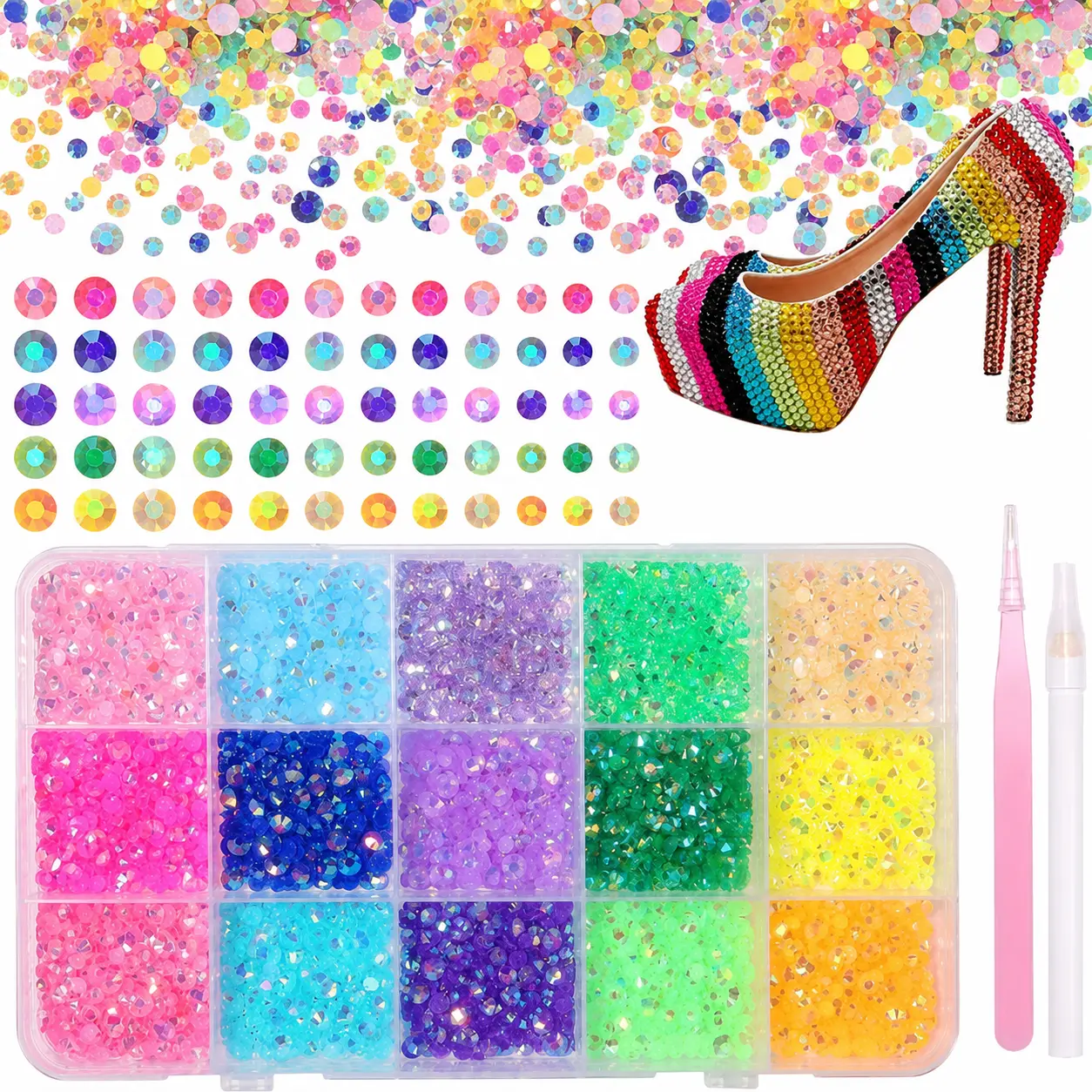 15-Grid Resin Rhinestone Craft Kit, Colorful Jelly Flatback Rhinestones for DIY Crafts, Nail Art, Face Makeup, Tumblers, Bottles & Decorations
