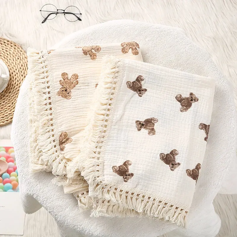 Receiving Blanket for Newborn Infants, Soft Boho Solid Color Cotton Gauze Swaddle Wrap with Tassels Edge, Guaze, Blankets & Throws, Swaddle Blanket