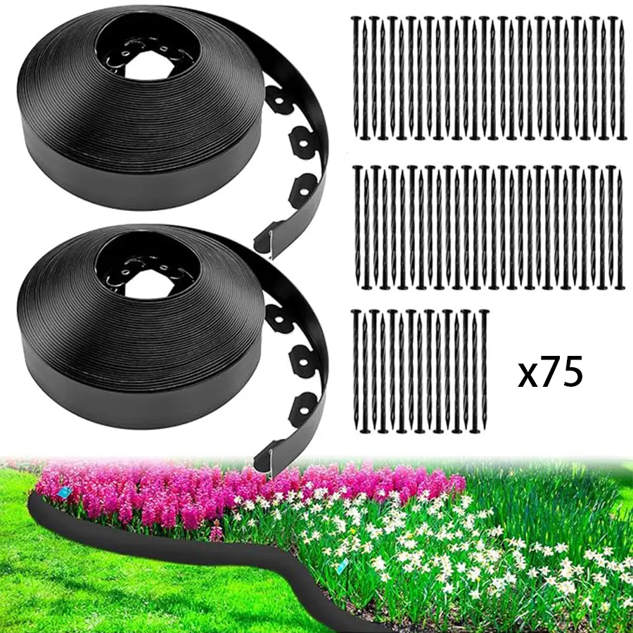 No-Dig Garden Border Edging Kit, 1 Roll Black Flexible Plastic Landscape Edging with 75 Stakes, Outdoor Decor for Flower Beds, Walkways, Home Improvement Landscaping Projects