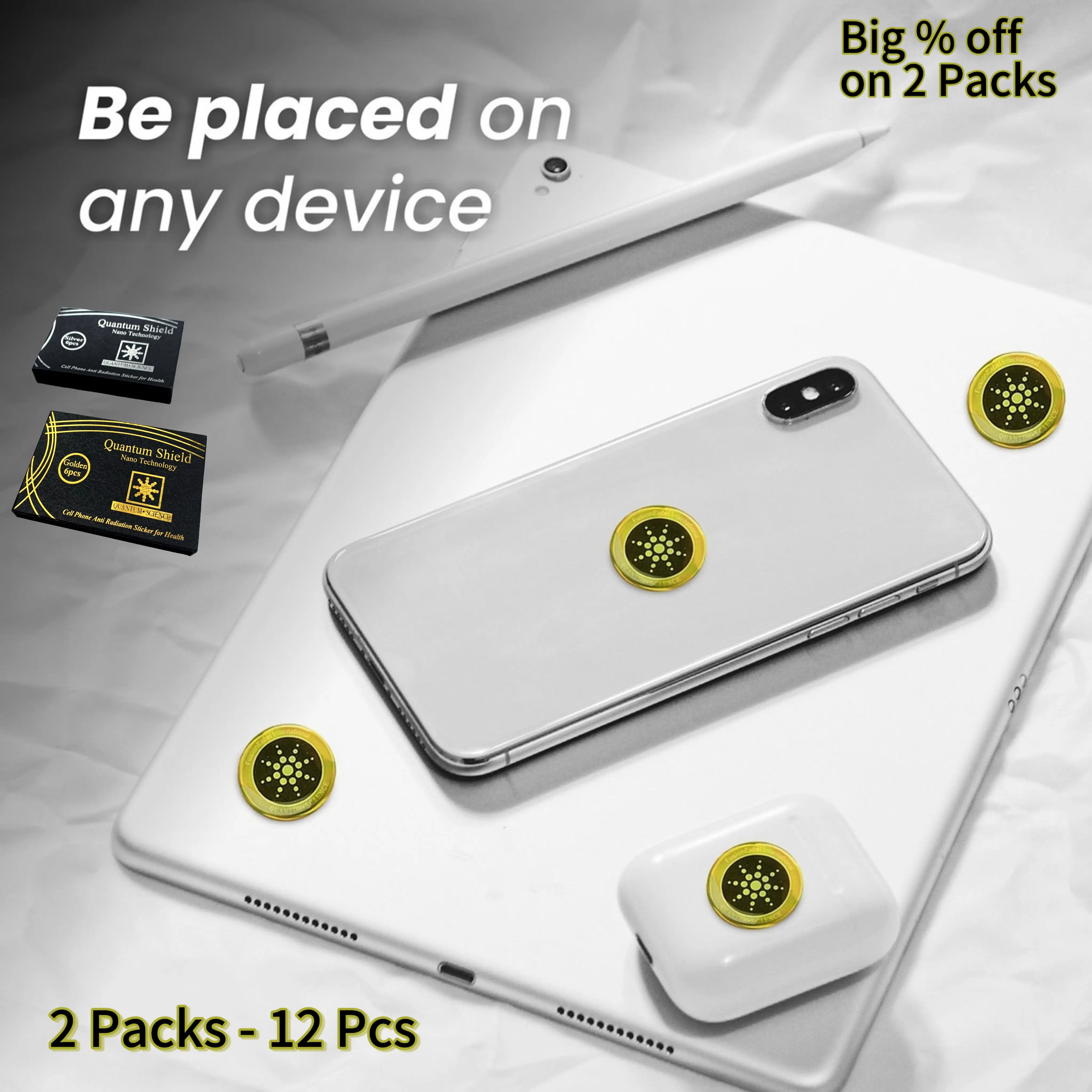 EMF Radiation Protector Stickers Family Pack - 2 Packs (12 Pcs, 2 Gold/Silver) - Electronic Protective Accessories for Cellphones, Laptops - Health Support, Stress Relief