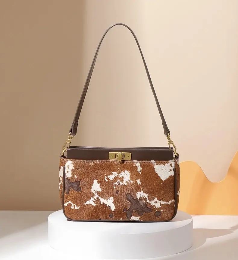 Genuine Hair-on Handbag Versatile Shoulder Crossbody Commuter Purse with Removable Straps & Turn-Lock Clasp for Everyday Use Horsehair Material 9.6" L x 2.6" W x 6.1" H - Horsebag