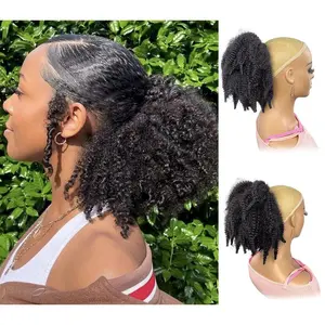 12inch Short Marley Hair Drawstring Ponytail Brown Black 4C Afro Puff Bun Braiding Hair Ponytail Synthetic Afro Kinky Curl Pony Tail Hair Piece for Black Women - 2#
