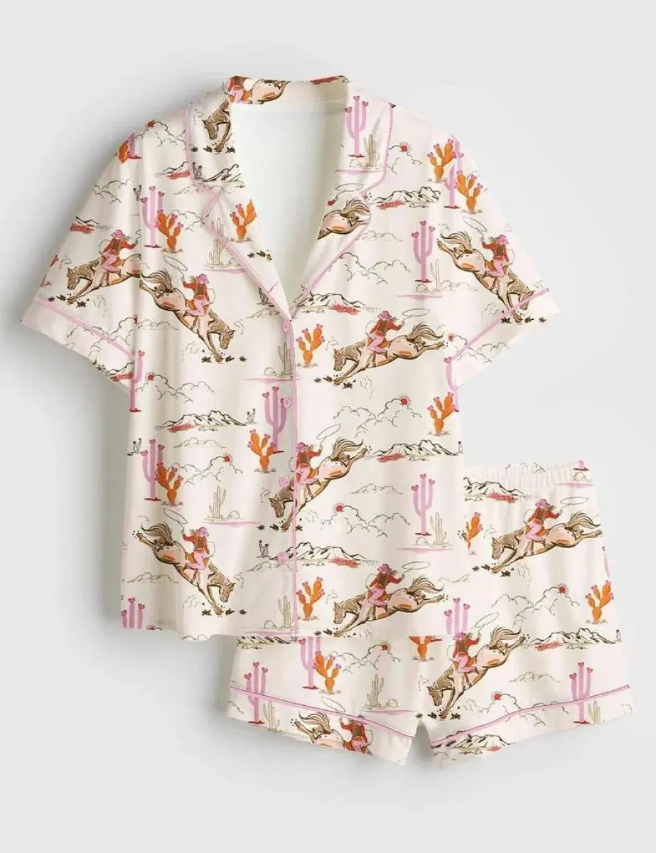 Cowgirl Pajama Set for Women – Western Horse Print Short Sleeve Pajamas, Desert Theme Sleepwear, Essential Piece, Fits Any Wardrobe, Relaxed Fit, Easygoing Feel