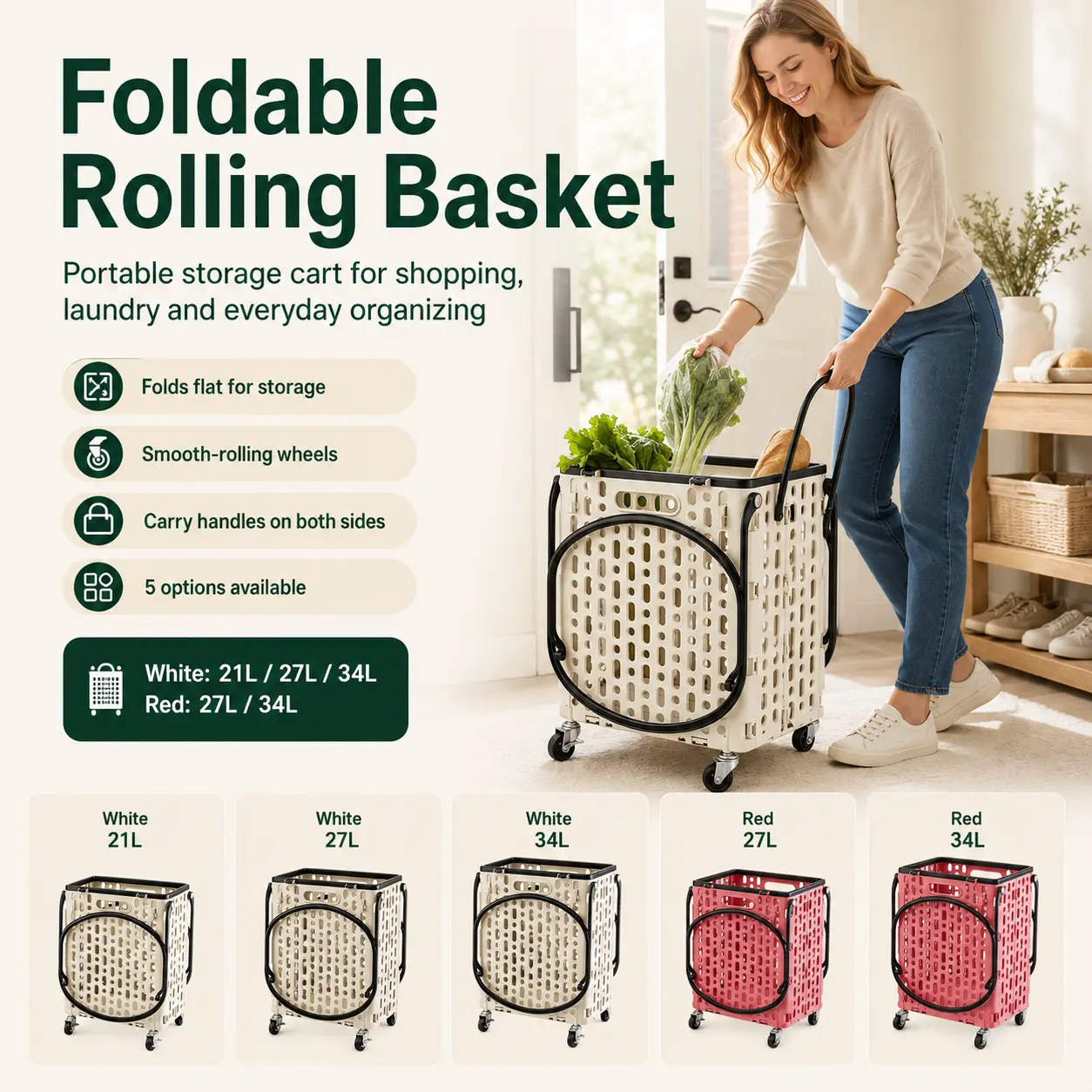 Collapsible Rolling Basket Cart with Wheels Large Capacity Foldable Grocery Trolley for Shopping, Laundry Home Storage and Travel