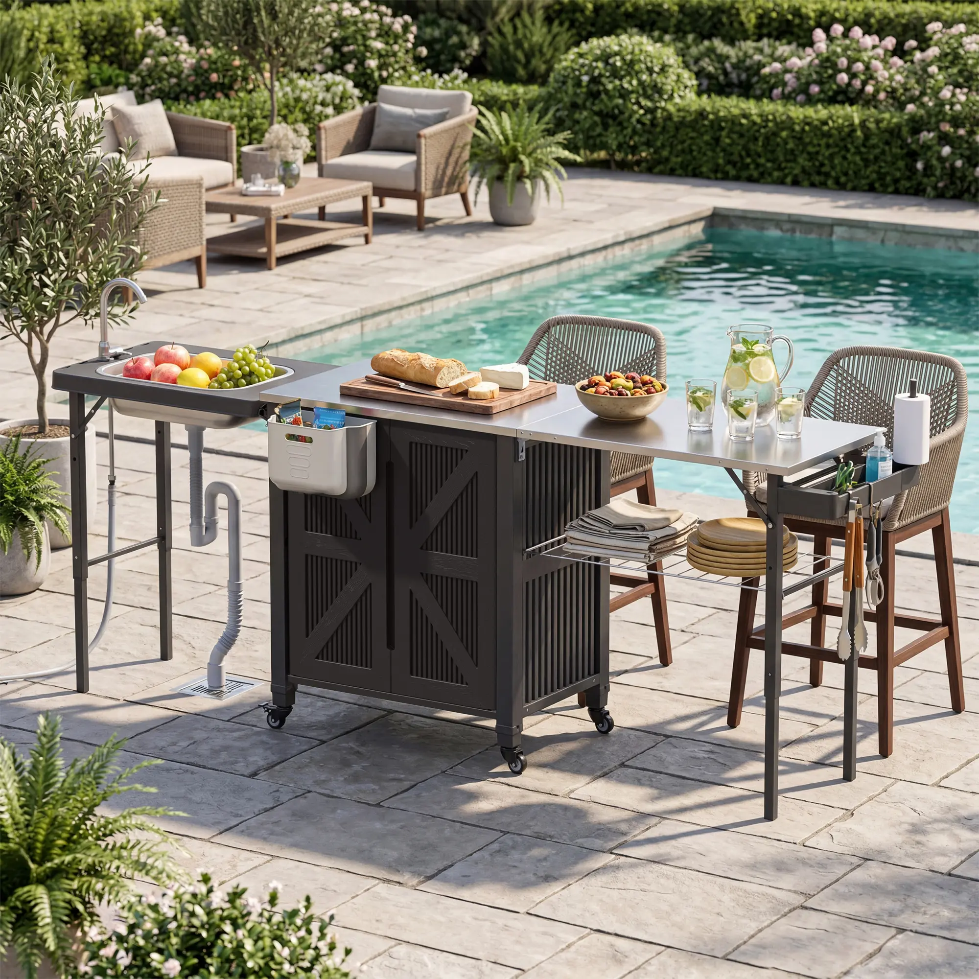 Polar Aurora 3-in-1 Outdoor Grill Cart with Sink & Faucet, Stainless Steel Top Outdoor Kitchen Island, Prep Table with Foldable Side Table, Storage Cabinet, Rolling Grill Station with Wheels for Patio, Backyard