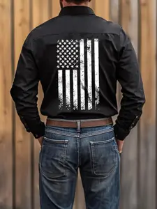 Western Style American Flag Print Long Sleeve Casual Wear Clothing Shirt, Button Down Collar Design, Elegant Comfortable Fit for Daily and Formal Wear Classic Shirt, Casual outings shirt