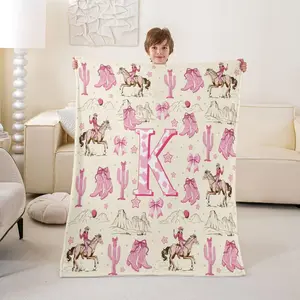 Personalized Pink Cowgirl Boot Blanket – Monogrammed A-Z Flannel Throw with Coquette Bow, Western Horse Print – Soft Flannel Blanket for Girls, Kids, Teen Bedroom, Nursery Decor, Gift for Little Cowgirl