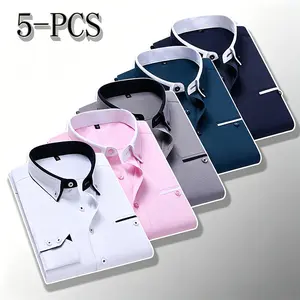 Men’s 5-Pack Slim Fit Long Sleeve Dress Shirts – wrinkle-free, contrast collar button-down shirts for business and casual wear; multiple color options; comfort stretch fabric; wrinkle resistant; everyday work shirts with pocket top oxford