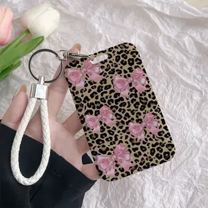Pink Bows Leopard Print Pattern Durable Plastic ID Badge Holder with Lanyard Slide Design for Cards Transparent Window Compatible with Credit, Metro, Bus Cards-Nurse, Doctor, Student Accessory Perfect Halloween New Year Gifts Badge Decoration