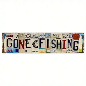 2D Flat, Vintage "Gone Fishing" Aluminum Sign (16x4 Inch) - Rustic Wall Art With Playful Fish Design, Perfect For Home, Bar, Kitchen, Cafe & Outdoor Decor |   Durable Metal Wall Hanging For Indoor & Outdoor Spaces, Coastal Home Decor, 2D Flat