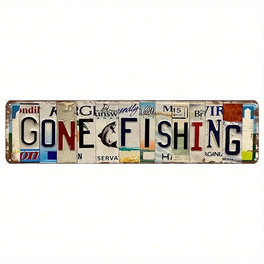 16x4 in. Multicolor Vintage "Gone Fishing" UV-Printed Aluminium Wall Sign - 2D Flat Rustic Metal Hanging, Unique Coastal Decor, Man Cave & Cozy Kitchen Accent for Fishing Lovers