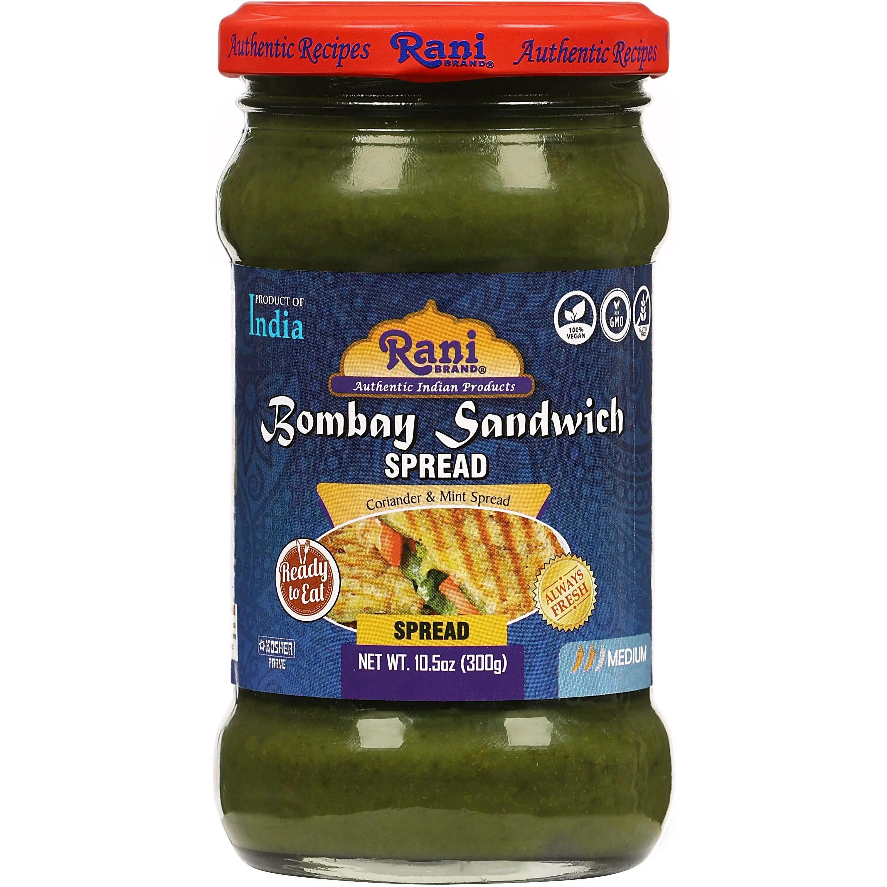 Rani Bombay Sandwich Spread, Mild (Mint & Coriander) 10.5oz (300g) Glass Jar, Ready to Eat ~ Vegan | Gluten Free | NON-GMO | Kosher | Indian Origin