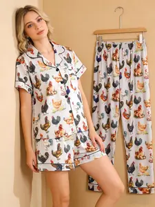 3-Piece Chicken Print Women's Pajama Set, Casual All-Season Home Wear Loungewear, Button Pocket Shirt, Elastic Pants, Comfortable Daily Nightwear Pjs