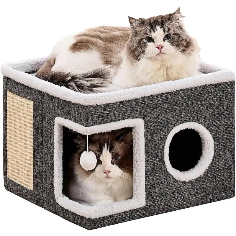 Cat Beds for Indoor Cats, Large Cat Cave with Fluffy Ball and Scratch Pad, Foldable Cat Scratch House with Hideaway Condo for Kitten Sleeping and Play