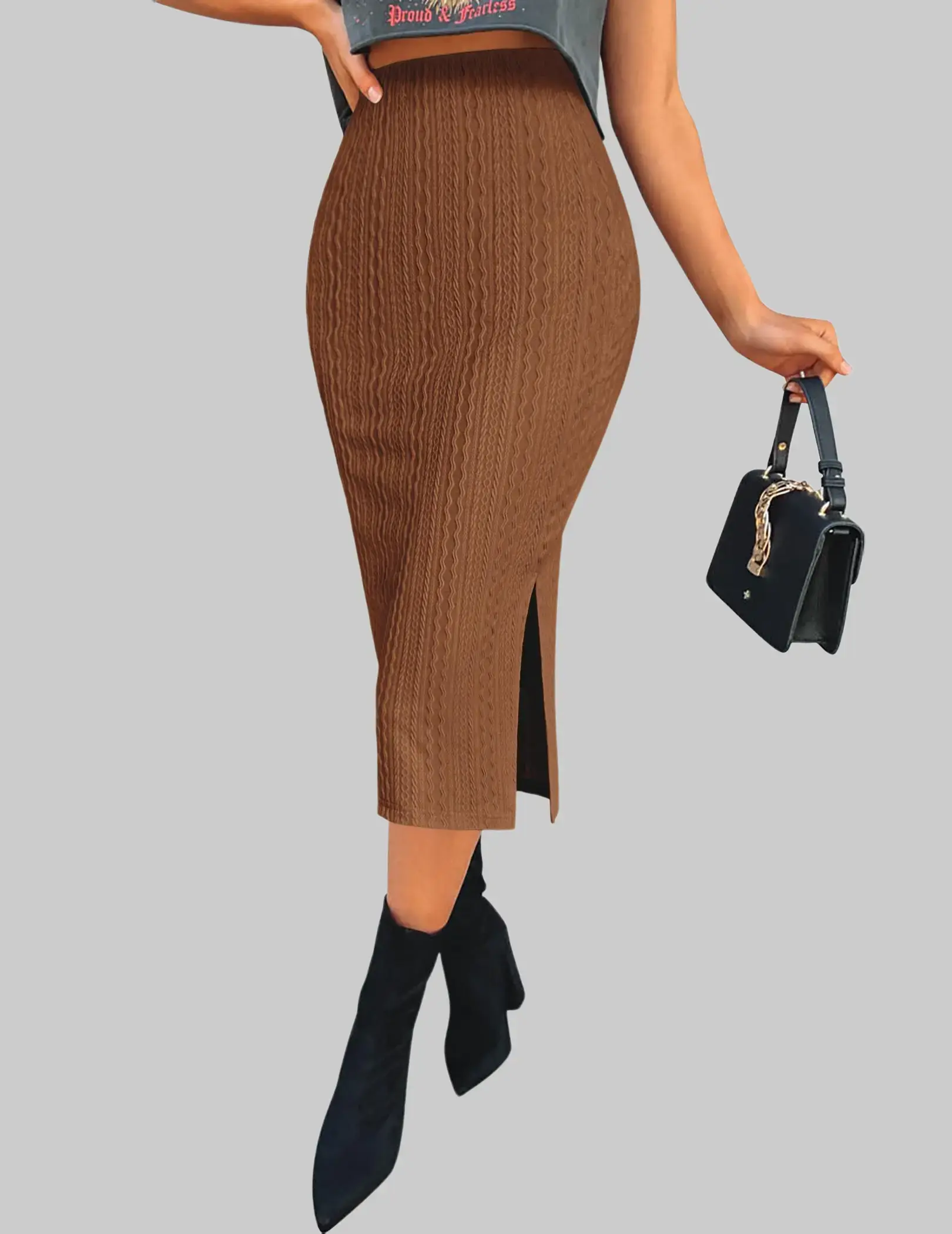 ZEAGOO Womens Knit Midi Skirts Casual Pencil Skirt High Waisted Long Skirts with Slit Elegant Work Office Skirts