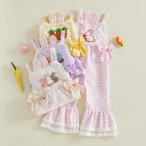 Toddler Baby Little Girls Plaid Jumpsuits Easter Egg Embroidery Sleeveless Bell-Bottom Overalls 1-5 Years