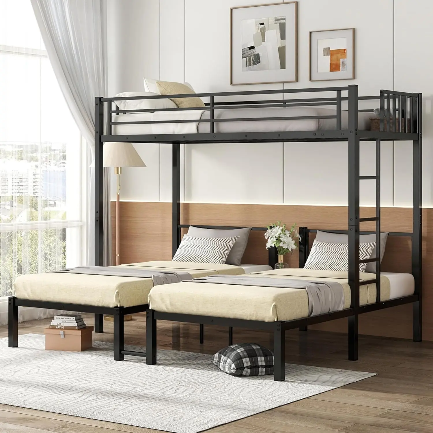 Triple Bunk Bed Twin over Twin & Twin Bunk Beds for 3, Twin XL over Twin & Twin Bunk Bed Heavy-Duty Metal Triple Bunk Bed, Noise Fee, No Box Spring Needed, Guardrails, Twin Size Mattresses