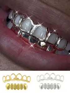 Women's Teeth Grillz Set, Hollow Design & Smooth Bottom, 6 Tooth Mouthpiece, Copper Material, Plated, Hip Hop Fashion Jewelry, Halloween