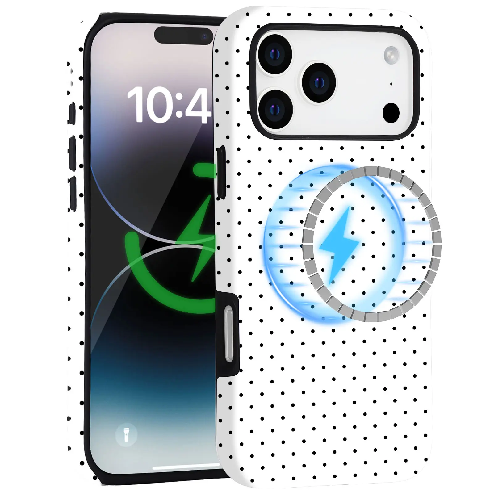 Cute Polka Dot Retro Magnetic Charging Phone Case for Apple iPhones Fall Simple Chic Aesthetic Dual Layer Hybrid Protection Elegant Girly Cover for Women & Girls White