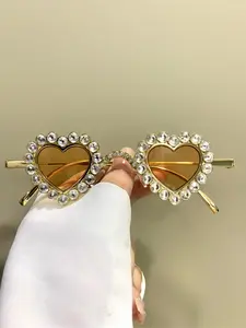 Rhinestone Decorated Heart Shaped Glasses, Trendy Glasses for Everyday Use, Fashion Accessories for Outdoor Activities