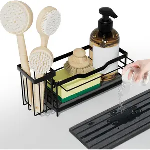 Sponge Holder for Kitchen Sink,Sink  Organizer With Stone Drying Tray, Stainless Steel Kitchen Countertop Organizer for Sponge Soap Dispenser Black