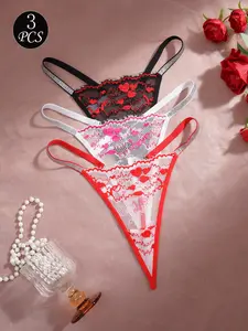Women's Sexy Thongs Set, Comfortable Soft Breathable Lace, Romantic Heart Design, Fitted Panties, All Seasons, Butterfly Pattern