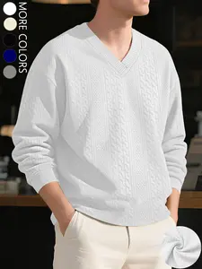 Men's deep V-neck Fitted solid color jacquard pattern pullover sweatshirt, autumn and winter leisure long-sleeved knitted sweater Knitwear, sport top, men's clothing.