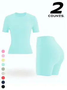 Women's Outdoor Sport Set, Pure Color Short Sleeve Shorts, Comfortable Breathable, Multi-Color Options, Running Fitness Yoga Casual Wear