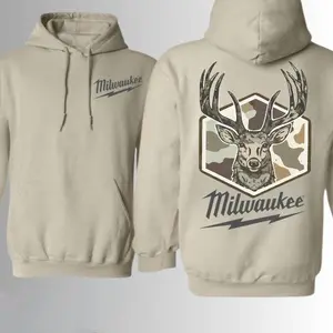 Rugged Outdoor Streetwear Milwaukee Deer Hoodie with Camo Buck Graphic, Premium Beige Fleece Hoodie for Hunters, USA-Made & Printed Apparel	