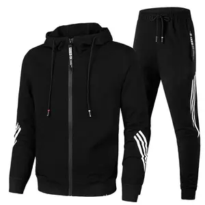 New men's casual sports suit with three stripes, hooded zip-up sweatshirt and long pants, trendy sports outfit